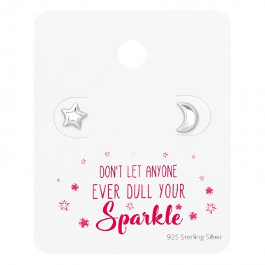 Star And Moon Ear Studs On Motivational Quote Card - 925 Sterling Silver Stud Earring Sets  SD35902