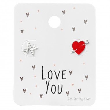 Silver Heartbeat Ear Studs On Love You Card - 925 Sterling Silver Stud Earring Sets  SD39792