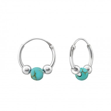 Silver 12mm Ear Hoop With Turquoise Bead - 925 Sterling Silver Bali Hoops SD33453