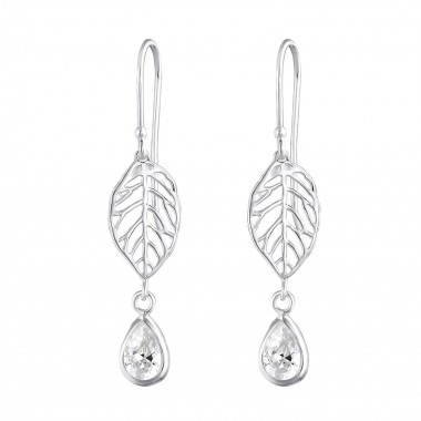 Leaf With Hanging Drop - 925 Sterling Silver Earrings with CZ SD30322