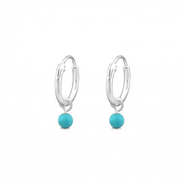 10mm Hoops With Hanging Turquoise - 925 Sterling Silver Hoop Earrings SD34886