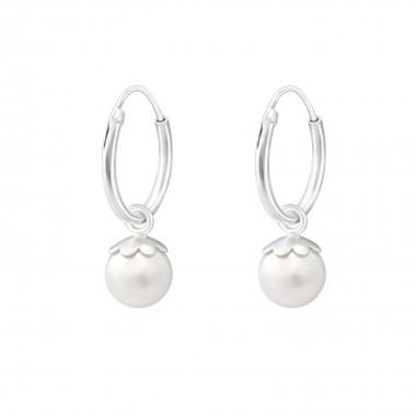 Hanging Synthetic Pearl - 925 Sterling Silver Hoop Earrings SD38270