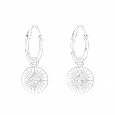 Engraved Disk - 925 Sterling Silver Hoop Earrings SD41266