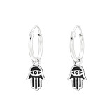 Hanging Hamsa - 925 Sterling Silver Hoop Earrings SD41463