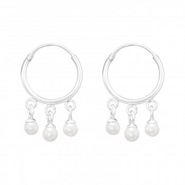 Hanging Synthetic Pearls - 925 Sterling Silver Hoop Earrings SD41472