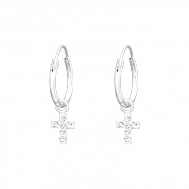 Hanging Cross - 925 Sterling Silver Hoop Earrings SD41570