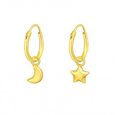 Moon And Star - 925 Sterling Silver Hoop Earrings SD42080