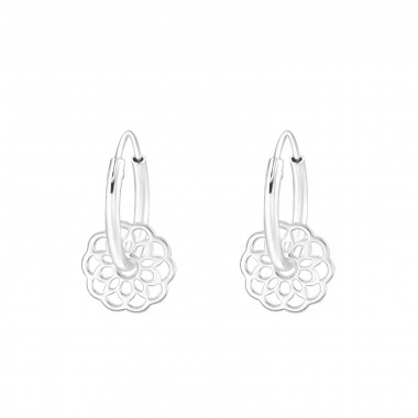 Hanging Laser Cut Flower - 925 Sterling Silver Hoop Earrings SD42593