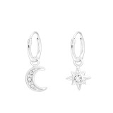 Hanging Moon & Star - 925 Sterling Silver Hoop Earrings SD43115