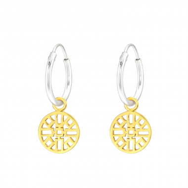 Geometric Patterned Disc - 925 Sterling Silver Hoop Earrings SD43221