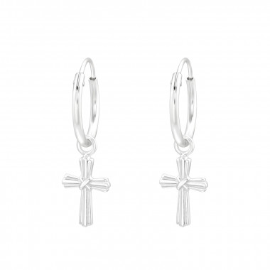 Hanging Cross - 925 Sterling Silver Hoop Earrings SD43510