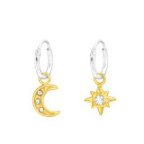 Hanging Moon & Star - 925 Sterling Silver Hoop Earrings SD46649