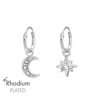 Hanging Moon & Star - 925 Sterling Silver Hoop Earrings SD47163