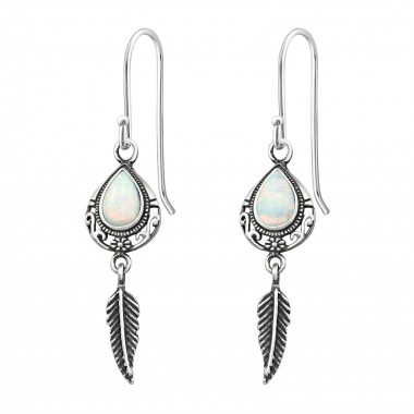 Teardrop With Hanging Feather - 925 Sterling Silver Earrings with Gemstones SD31391