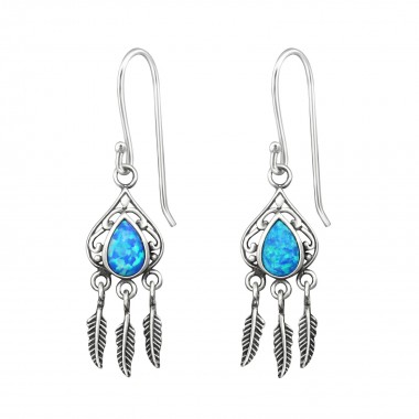 Teardrop Earring With Hanging Feather - 925 Sterling Silver Earrings with Gemstones SD31393