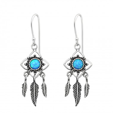 Flower Earring With Hanging Feather - 925 Sterling Silver Earrings with Gemstones SD34893