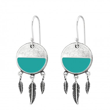 Silver Ethnic Earrings With Hanging Feather - 925 Sterling Silver Simple Earrings SD36433