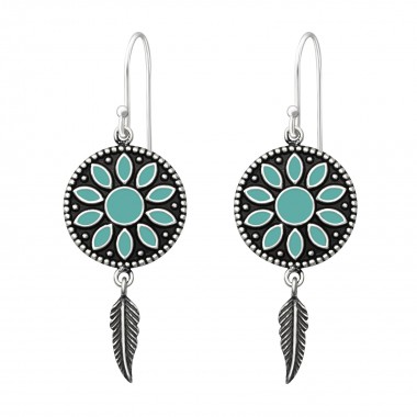 Silver Ethnic Earrings With Epoxy And Hanging Feather - 925 Sterling Silver Simple Earrings SD36460