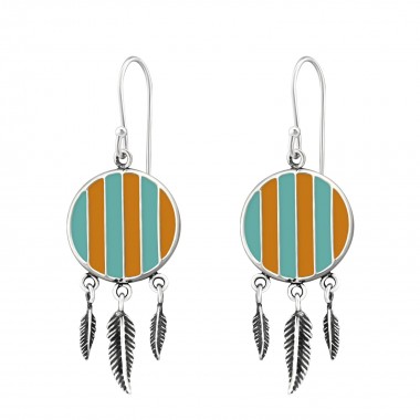 Silver Ethnic Earrings With Epoxy And Hanging Feather - 925 Sterling Silver Simple Earrings SD36461