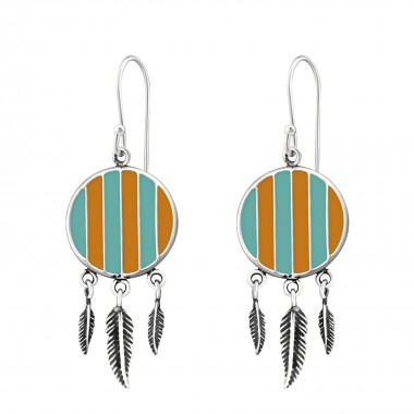 Silver Ethnic Earrings With Epoxy And Hanging Feather - 925 Sterling Silver Simple Earrings SD36461