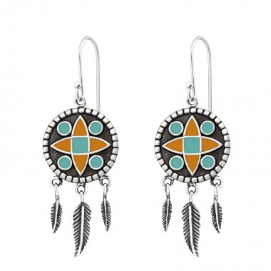 Silver Ethnic Earrings With Epoxy And Hanging Feather - 925 Sterling Silver Simple Earrings SD36462