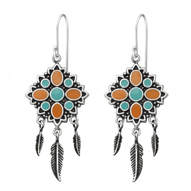 Silver Ethnic Earrings With Epoxy And Hanging Feather - 925 Sterling Silver Simple Earrings SD36463