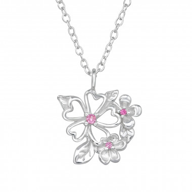 Flowers And Leaf Cluster - 925 Sterling Silver Necklaces with Stones SD49485