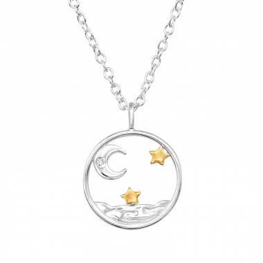 Moon And Stars Above Sea - 925 Sterling Silver Necklaces with Stones SD50260