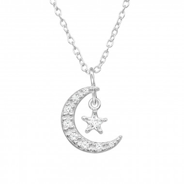 Moon With Dangling Star - 925 Sterling Silver Necklaces with Stones SD50261