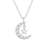 Moon With Dangling Star - 925 Sterling Silver Necklaces with Stones SD50261