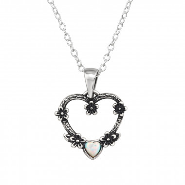 Open Heart With Flowers And Heart - 925 Sterling Silver Necklaces with Stones SD50262