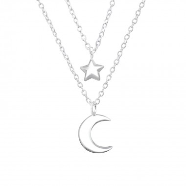Moon And Star Layered - 925 Sterling Silver Silver Necklaces SD32998