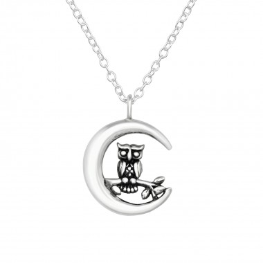 Owl And Moon - 925 Sterling Silver Silver Necklaces SD40032