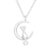 Cat On Crescent Moon - 925 Sterling Silver Silver Necklaces SD44534