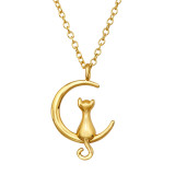 Cat On Crescent Moon - 925 Sterling Silver Silver Necklaces SD47462