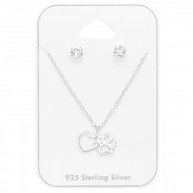 Heart And Paw Print - 925 Sterling Silver Necklace & Stud Sets SD45143