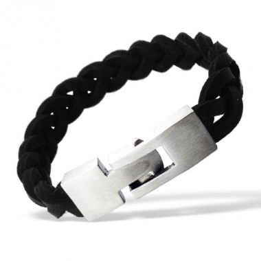 Black - Leather Cord Men Steel Bracelet SD1090