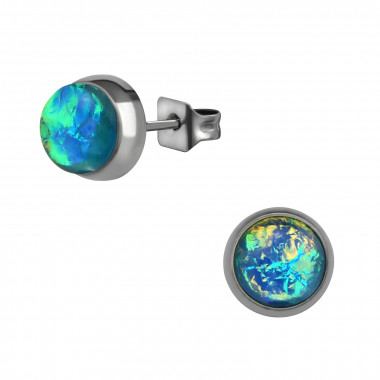 Surgical Steel Round 7mm Ear Studs With Synthetic Opal - 316L Surgical Grade Stainless Steel Stainless Steel Ear studs SD34490