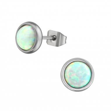 High Polish Surgical Steel Round 6mm Ear Studs With Opal - 316L Surgical Grade Stainless Steel Stainless Steel Ear studs SD37410