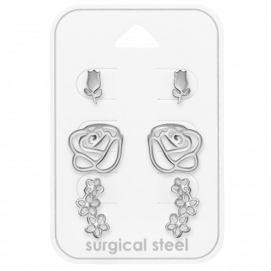 Tulip, Rose And Flowers - 316L Surgical Grade Stainless Steel Steel Jewelry Sets SD49608