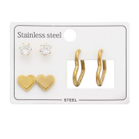 6mm Round Ear Stud, Heart Ear Stud And Heart Huggie Hoops Gold Color - 316L Surgical Grade Stainless Steel Steel Jewelry Sets SD51450