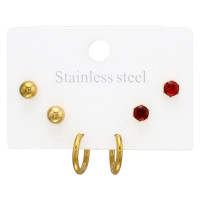 6mm Ball, Red Cz Stud And Hoop Gold Color - 316L Surgical Grade Stainless Steel Steel Jewelry Sets SD51454