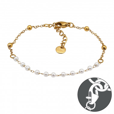 Imitation Pearl Station Bead Gold Color - 316L Surgical Grade Stainless Steel Men Steel Bracelet SD51550