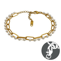 Double-Layer Paperclip & Pearl Chain Gold Color - 316L Surgical Grade Stainless Steel Men Steel Bracelet SD51553