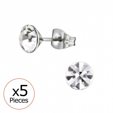 High Polish Surgical Steel Round 6mm X5 Ear Studs With Crystal - 316L Surgical Grade Stainless Steel Stainless Steel Ear studs SD45768