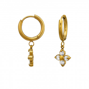 Hoop With Floral Charm Gold Color - 316L Surgical Grade Stainless Steel Stainless Steel Earrings SD51445