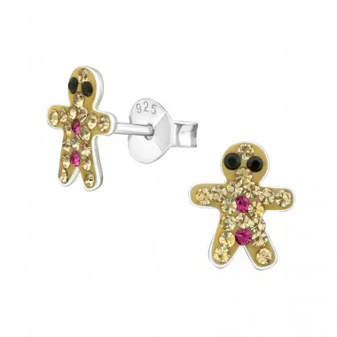 Gingerbread Man - 925 Sterling Silver Kids Ear Studs with Crystal SD25104