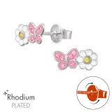 Daisy Flower With Butterfly - 925 Sterling Silver Screw Back Ear Studs SD49350