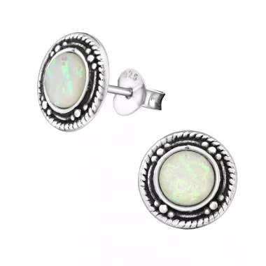 Round Oxidized - 925 Sterling Silver Semi-Precious Stud Earrings SD32038