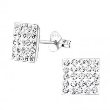 Square - 925 Sterling Silver Stud Earrings with Crystals SD183